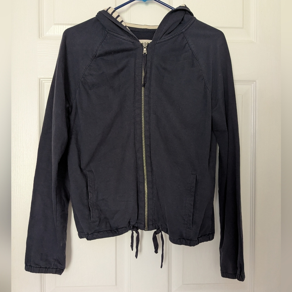 Loft Navy Blue Hooded Zip Up Sweatshirt With Ties On Bottom And Striped Hood